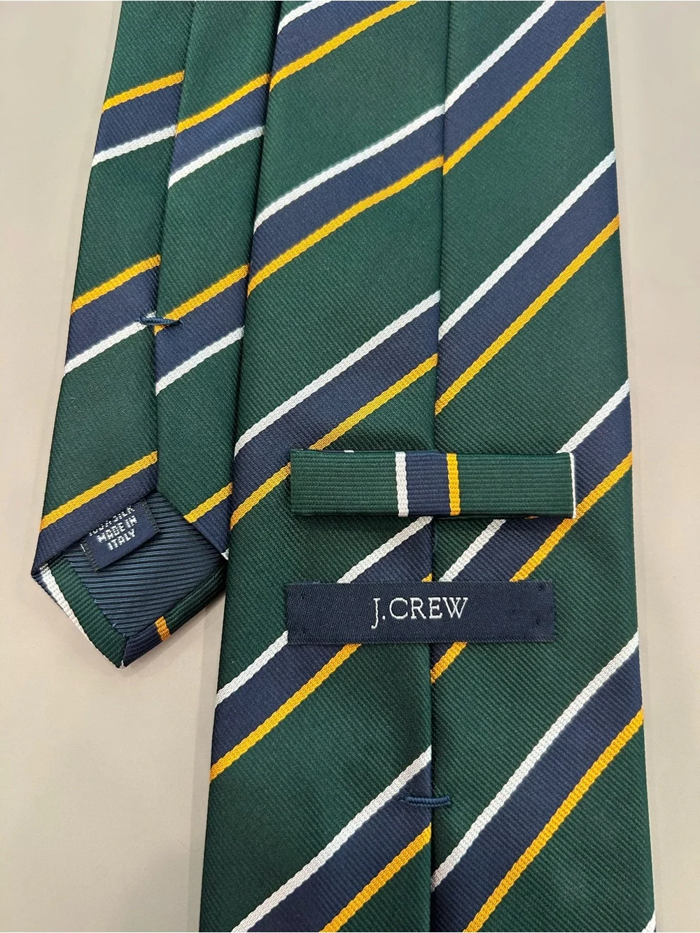 Vintage 90’s J. Crew 100% Silk Green Tie with Navy, Gold & White Diagonals